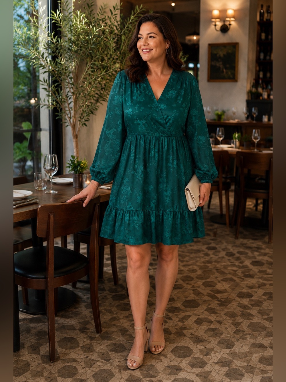 Seven7 Dark Green Satin Floral Jacquard Long Sleeve Tiered Dress
